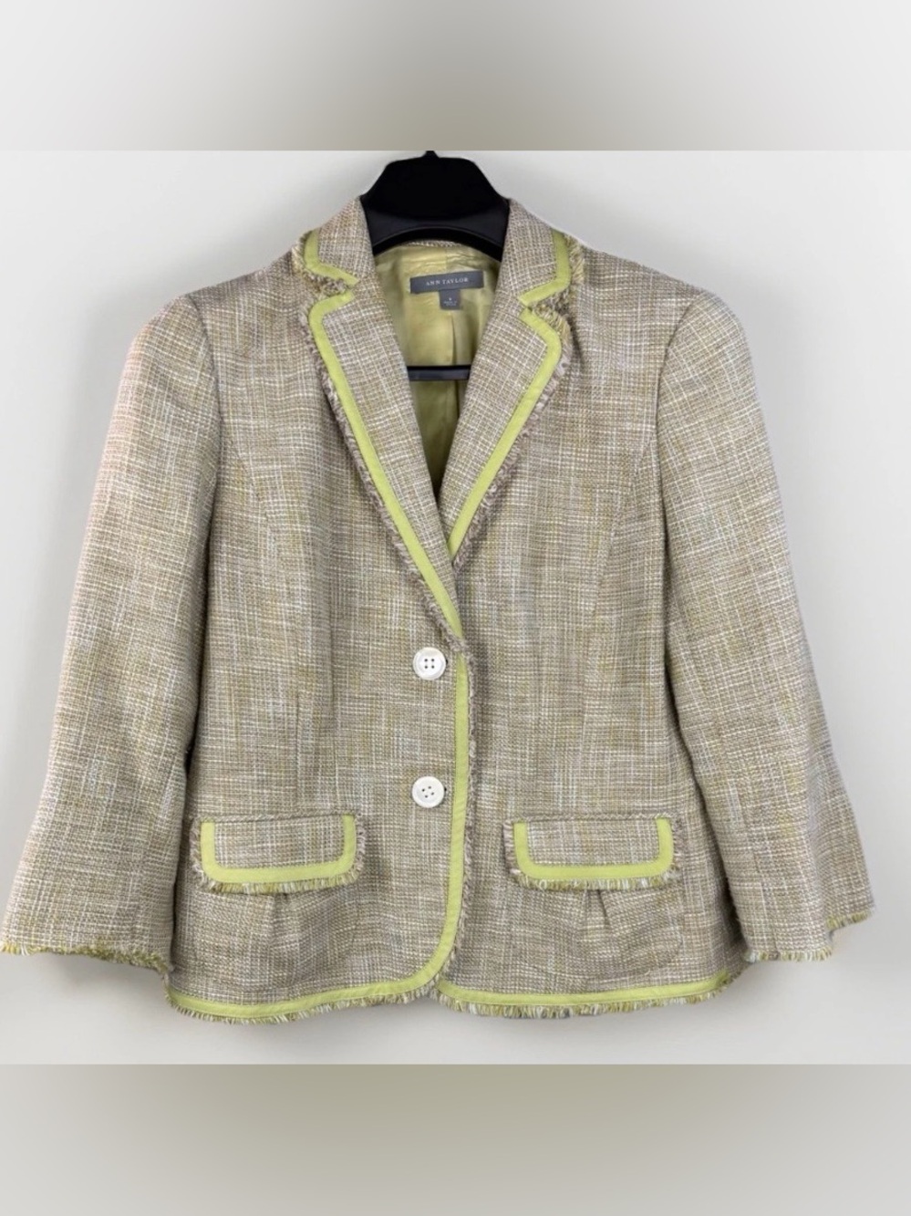 Ann Taylor Tweed Blazer with Lime Trim Size 8